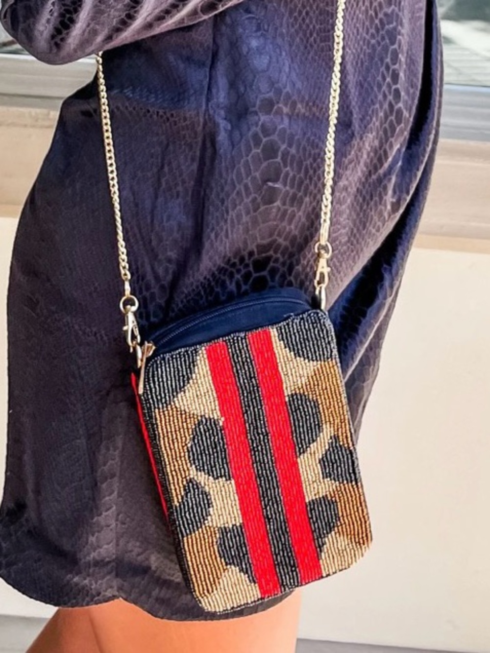 Beaded Crossbody Phone Bag with Red Stripe